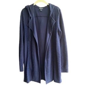 Lucky Brand Hooded Cardigan Sweater Coat Jacket Navy Blue Crochet Details Size M